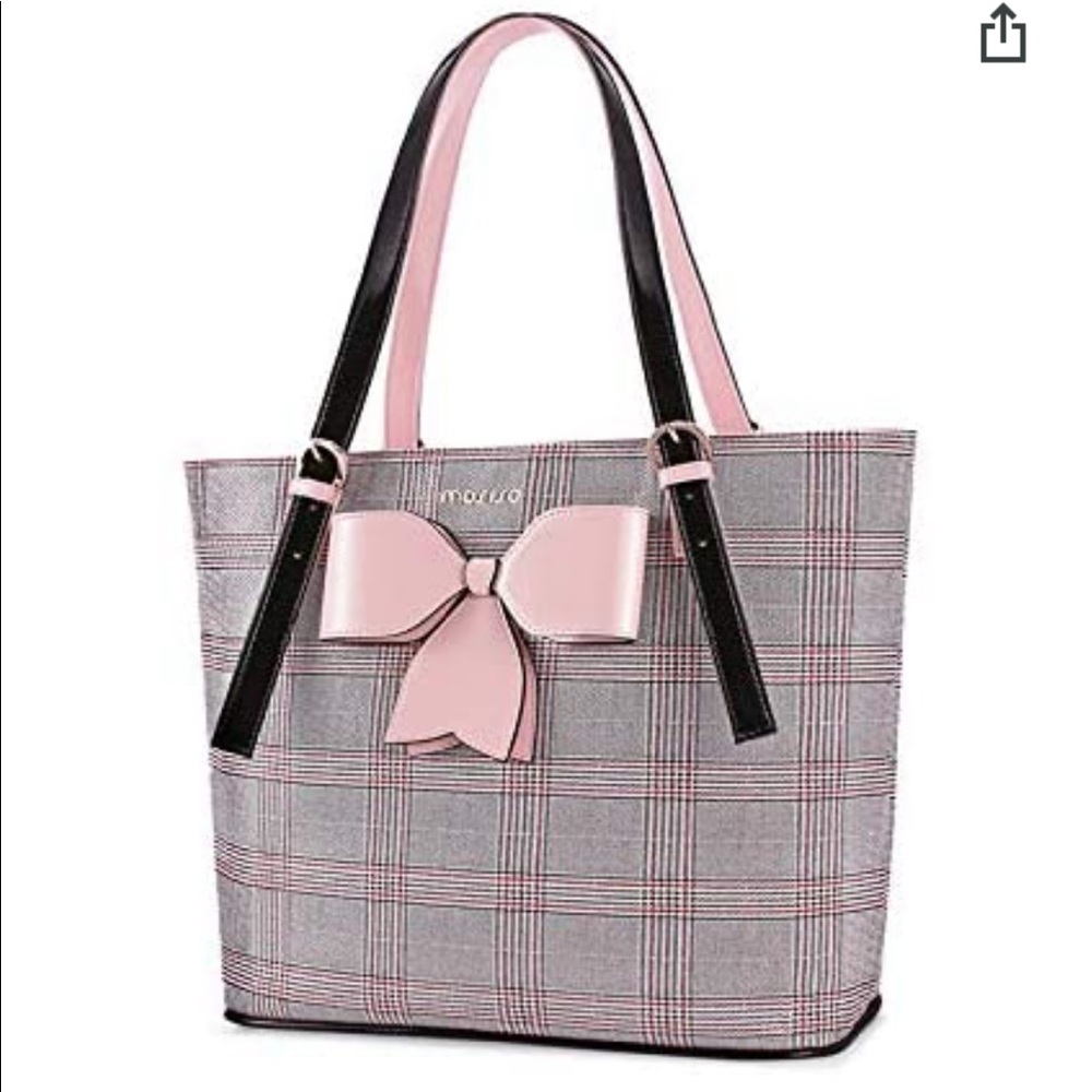Never Used Mosiso Gray Plaid Laptop Bag with Pink Bow